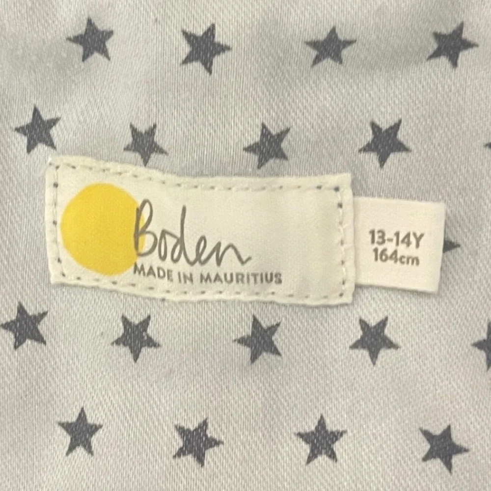 Boden Girls Blue Denim Pinafore Dress Star Print Lining Raw Hem Size 13-14Y